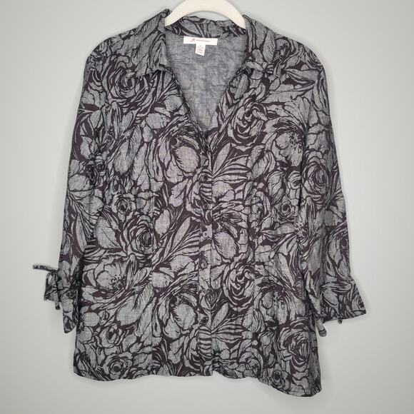 JM Collection Linen Jacket Women's Size‎ 10 Black Gray Dark Floral Button Front - Picture 3 of 14